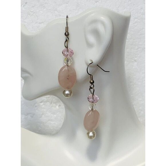Vintage White Pearl Pink Quartz Crystal Drop Pierced Dangle Silver Tone Earrings - Picture 5 of 5